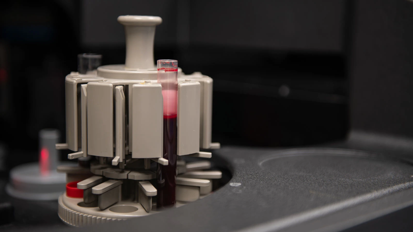 Close-up of a blood sample tube in the rotor of a clinical laboratory centrifuge. U.S. Air Force photo; not Abbott or VA equipment.