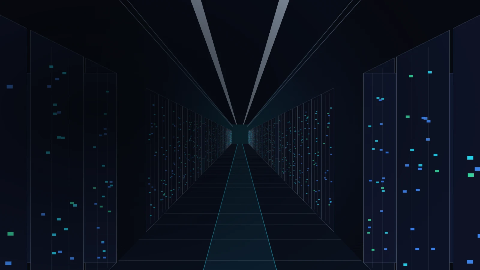 Generated editorial illustration of a data-center aisle with illuminated server racks; not an Applied Digital facility.