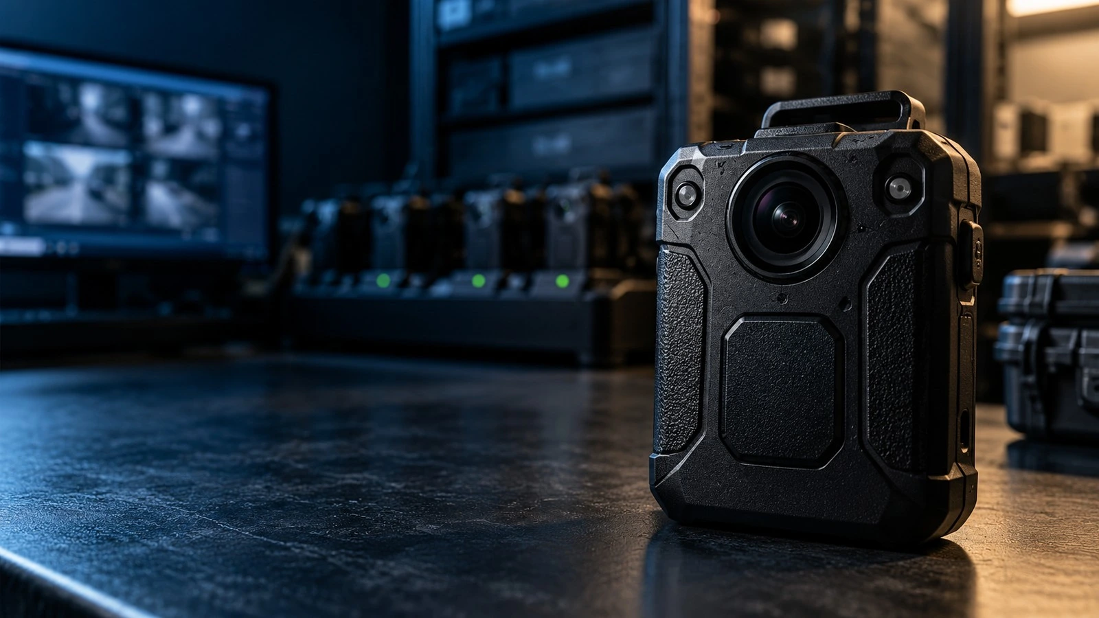 A rugged black body-worn camera on a dark table, with a row of charging docks and a video-review monitor blurred in the background. Illustrative image.