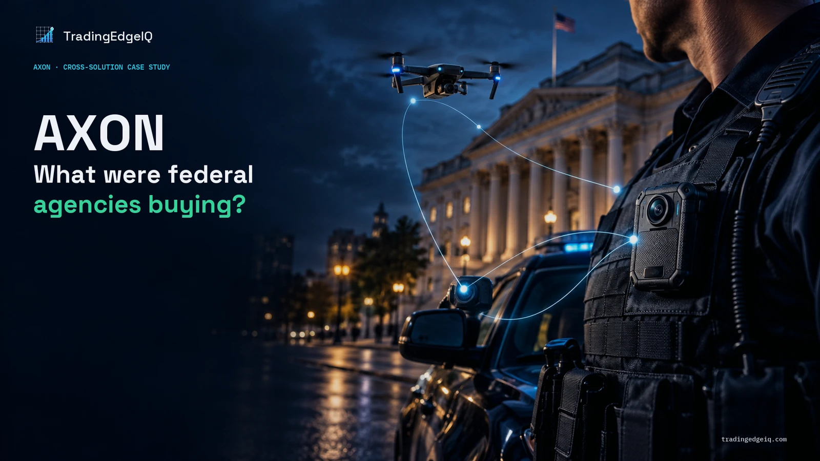 Illustrative public-safety technology scene with an officer's body camera, a drone, and a federal-style building.