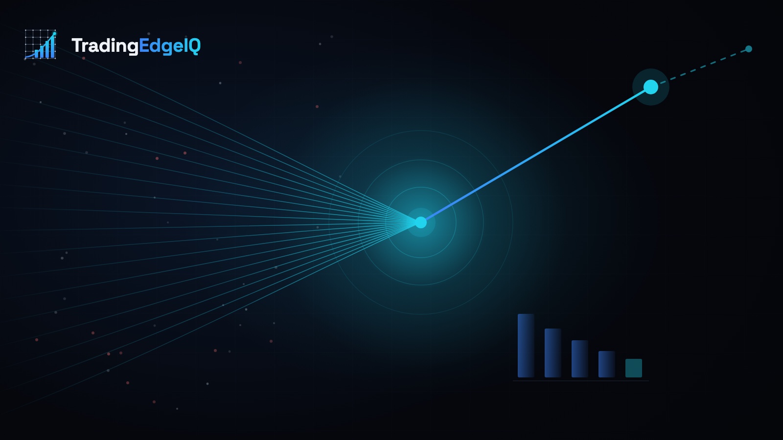 Many faint test trajectories converging on a single bright point, from which one path continues upward into a dashed, uncertain continuation, beside a descending bar sequence showing an edge eroding under costs.