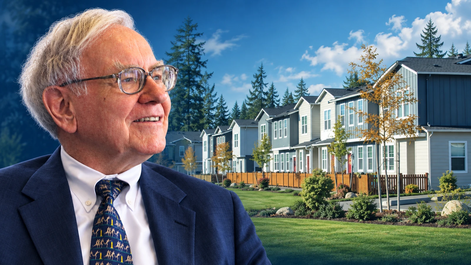 Editorial composite of Warren Buffett beside archival Lennar homes at Tehaleh, with no text overlays.