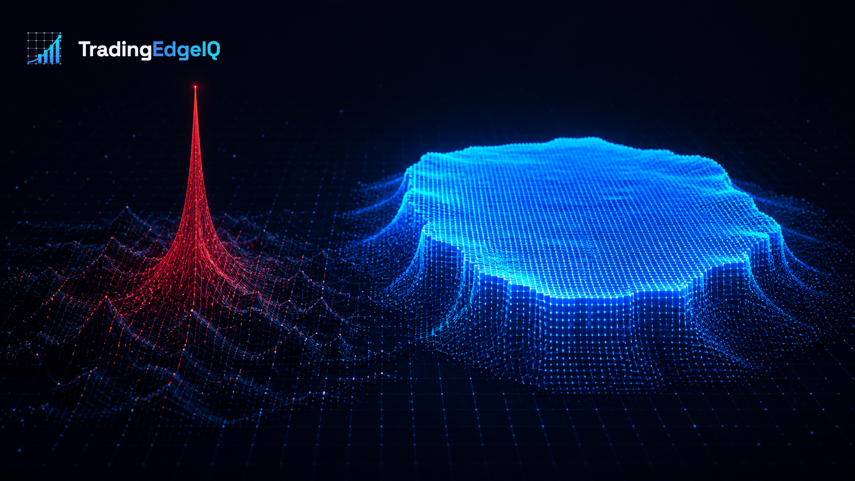 A fragile, needle-thin red parameter peak contrasted with a broad blue plateau of consistently strong neighboring settings.