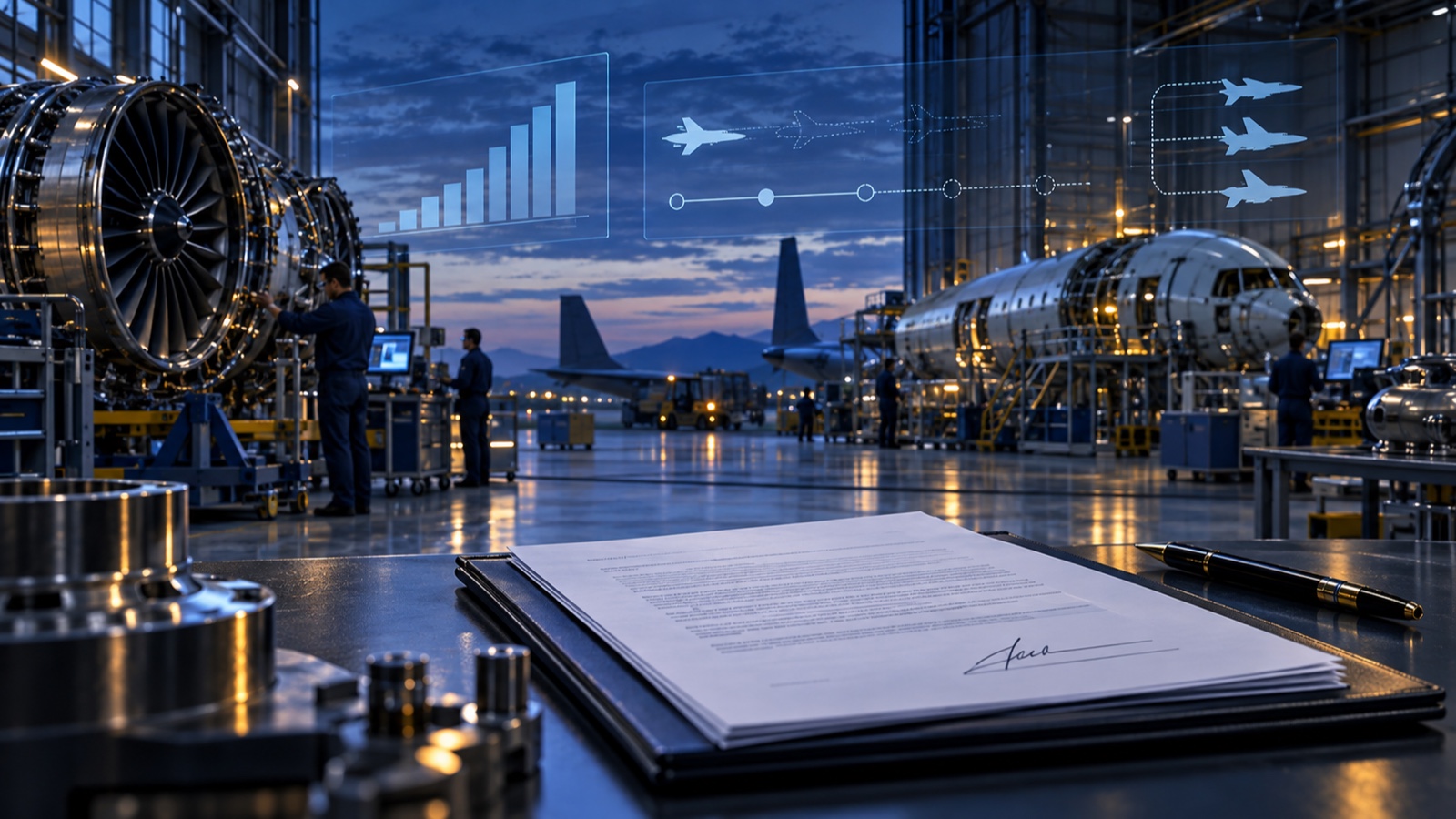 Abstract editorial artwork evoking a federal contract award ledger and a government office building.