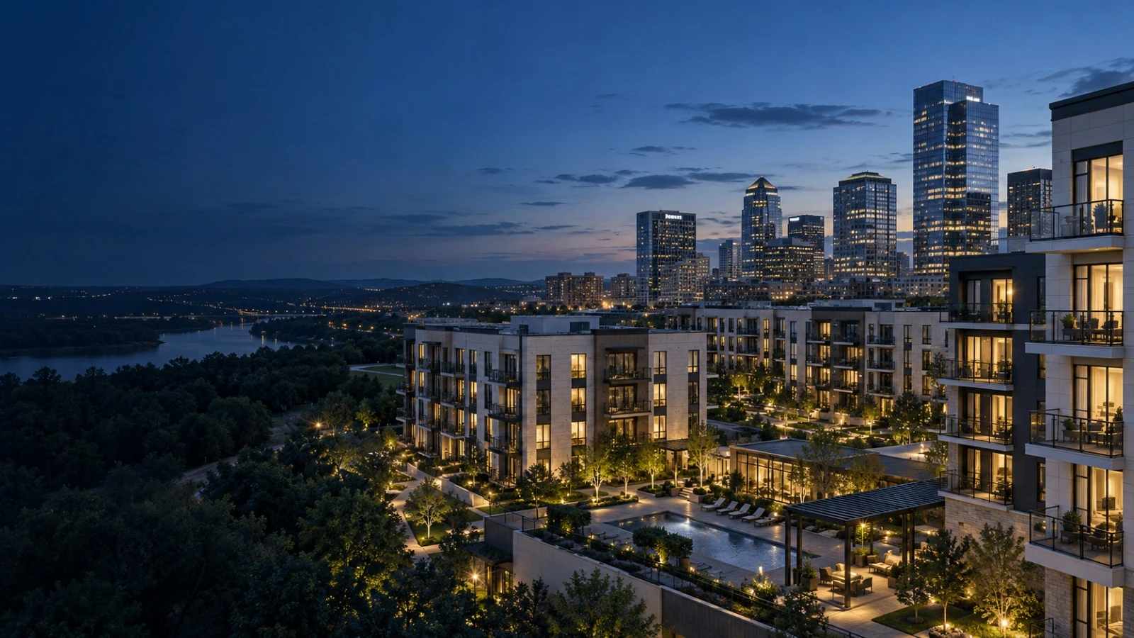 Residential buildings and a city skyline at dusk, accompanying the Bluerock purchase-pattern case study.