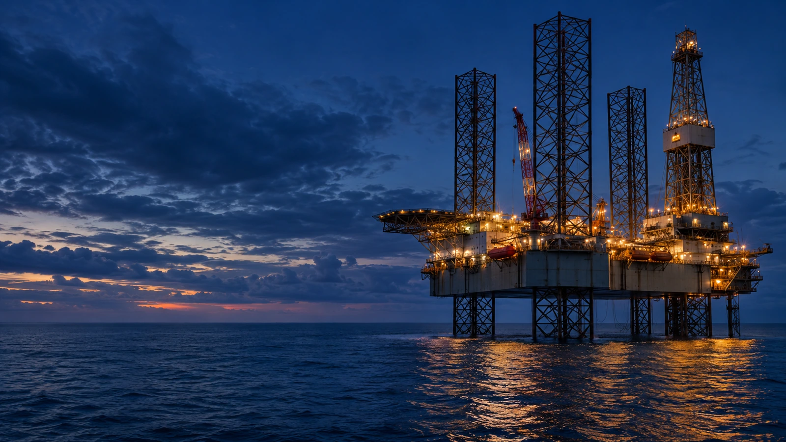 Offshore jack-up drilling rig with lit decks at blue hour above calm, dark water. Illustrative image.