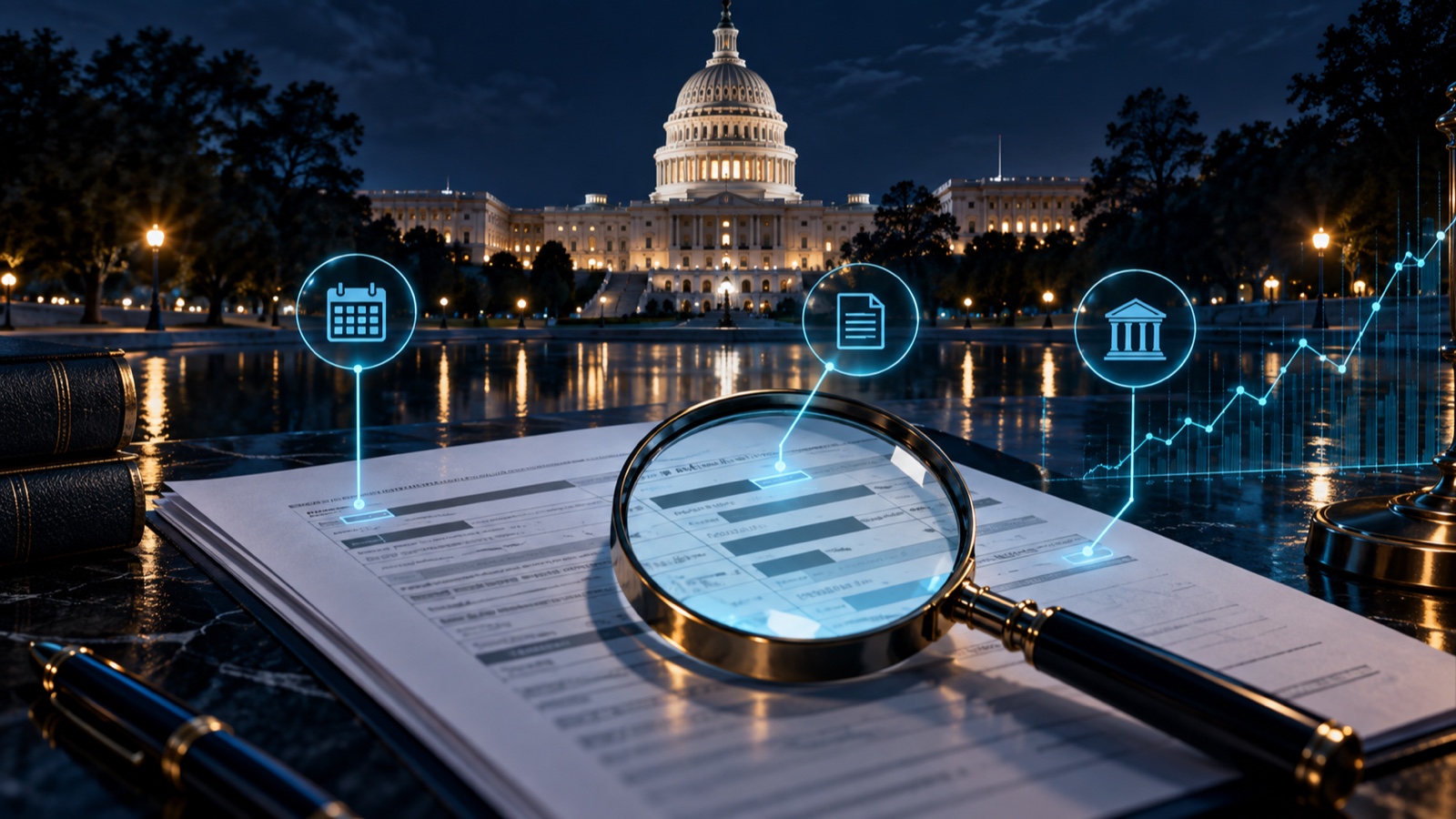 Abstract editorial artwork evoking a congressional financial disclosure document trail.