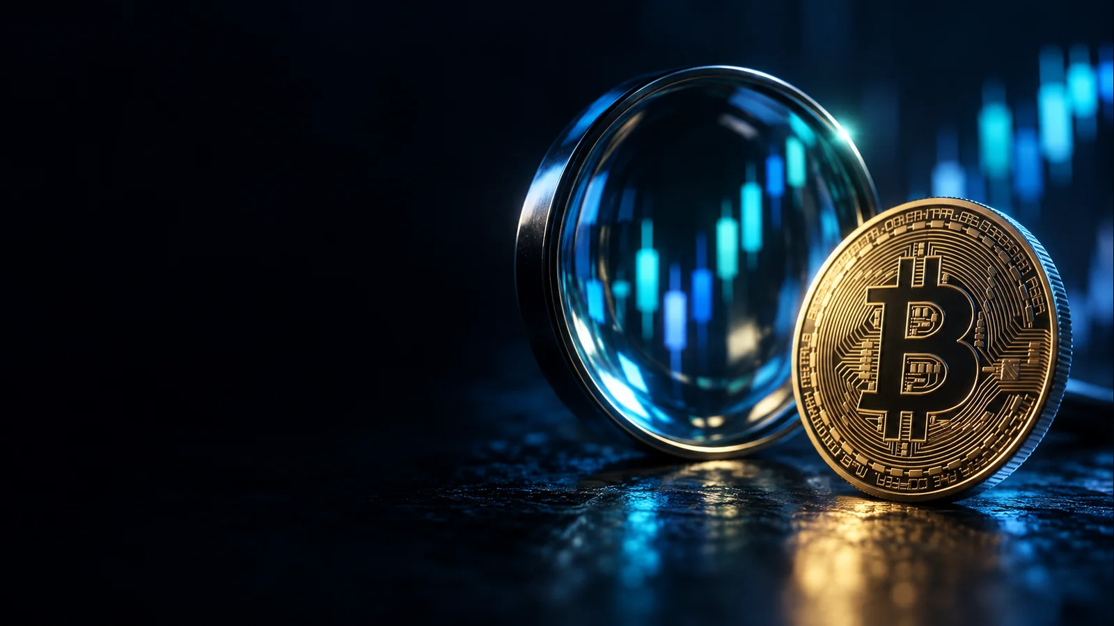 Illustrative Bitcoin token beside a magnifying lens, introducing a closer look at crypto moves.