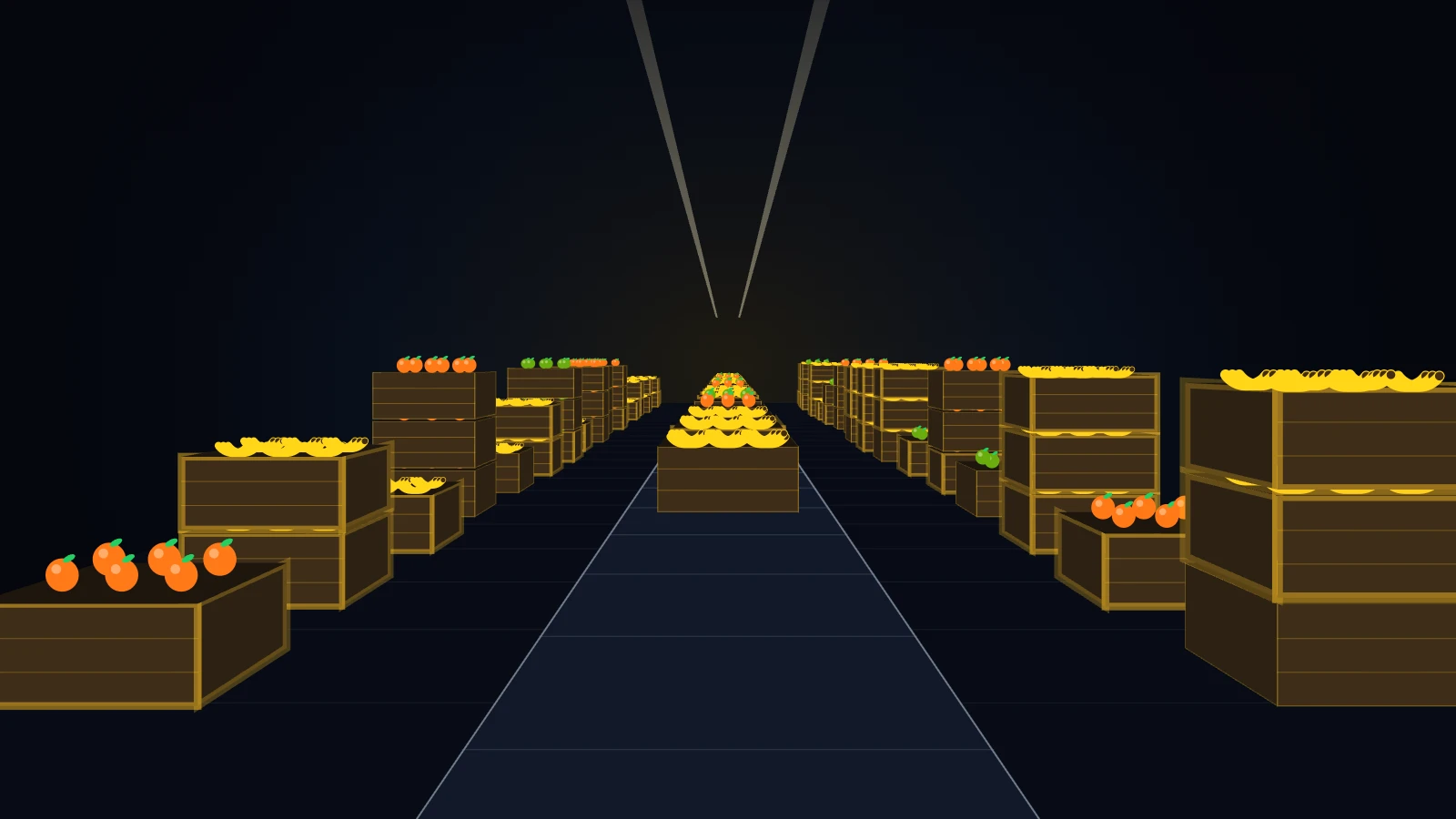 Generated editorial illustration of produce crates in a warehouse aisle; not a Dole facility.