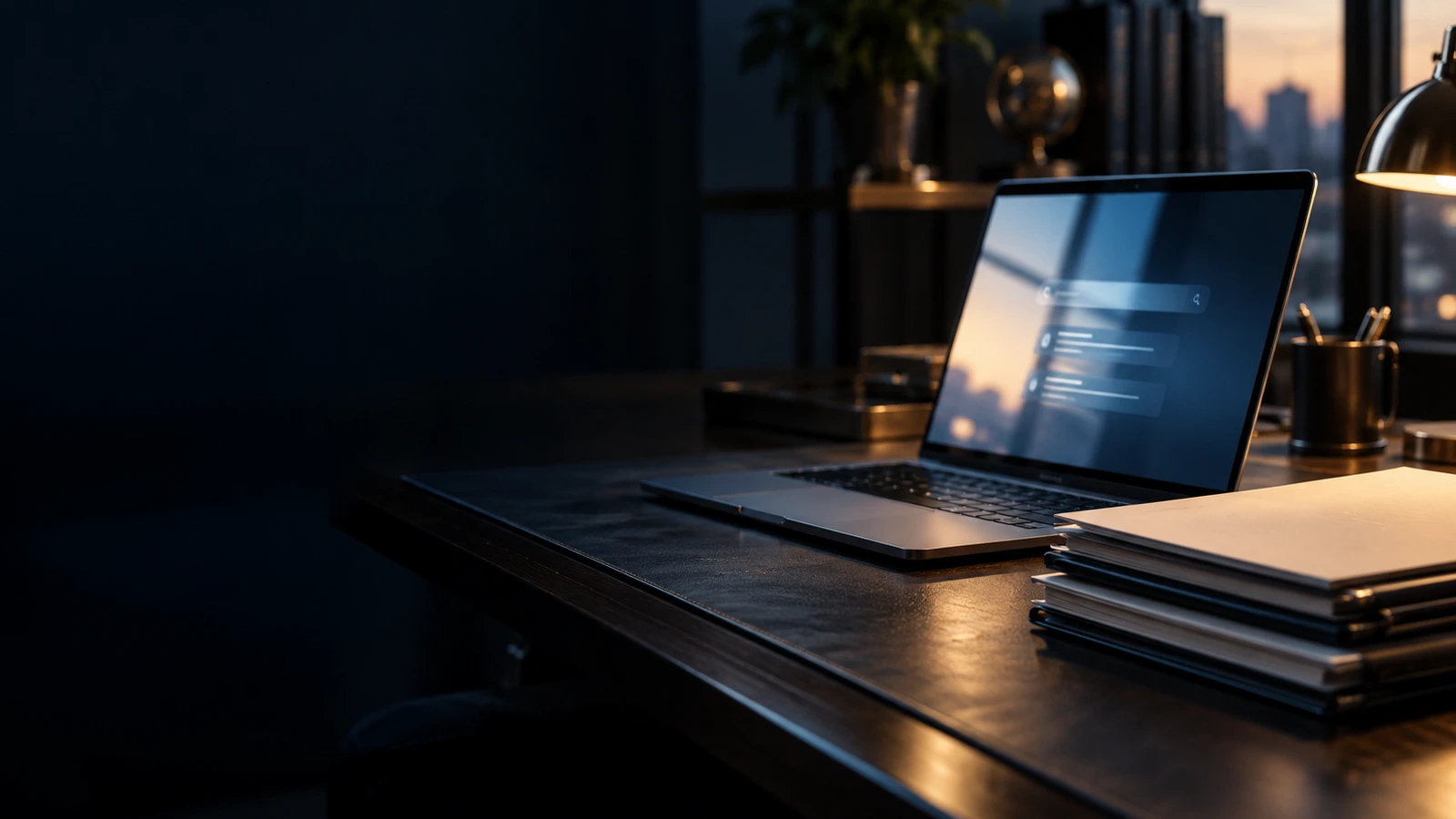 A laptop with an abstract search screen on a dark wooden desk beside a stack of folders and a lamp, with a city skyline at dusk in the window. Illustrative image.