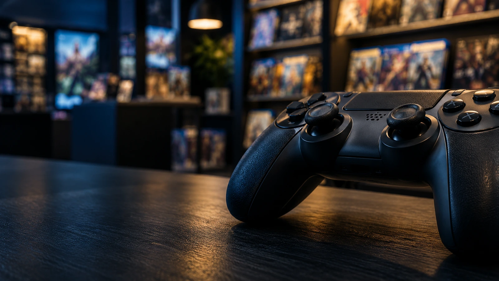 Close-up of an unbranded black video game controller on a dark wooden counter, with blurred shelves of video games behind it. Illustrative image.