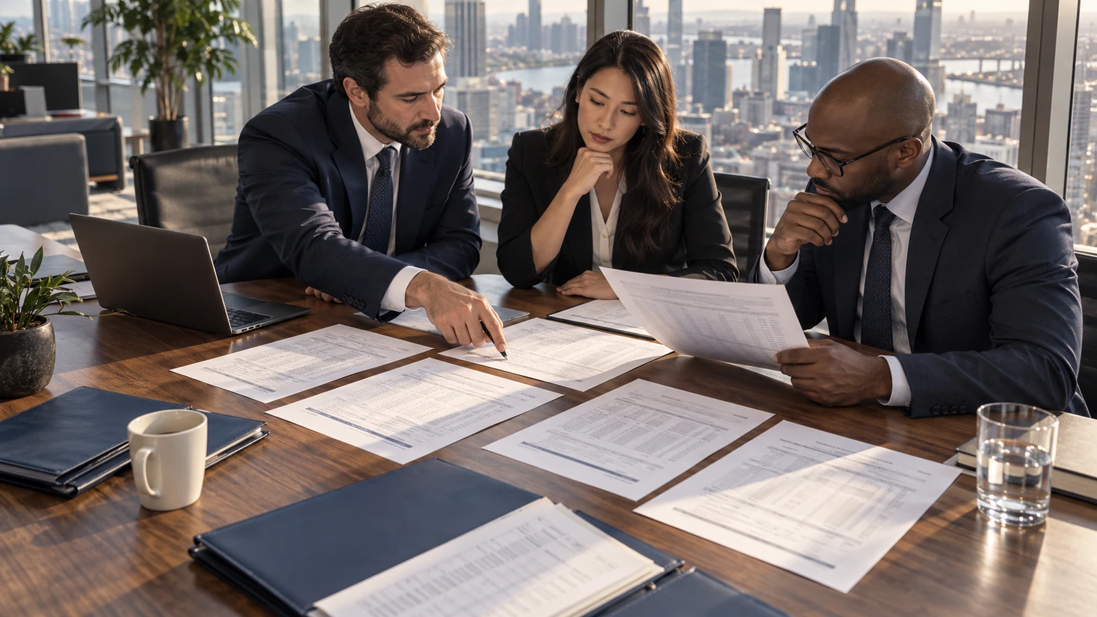 Research team reviewing several filings together at a shared table