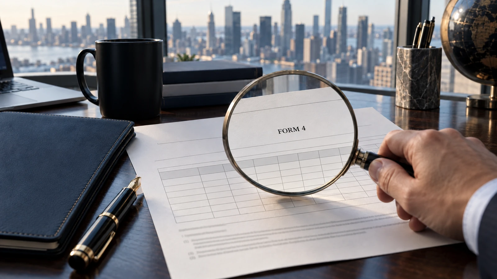 Magnifying glass over an ownership-disclosure filing on an analyst’s desk