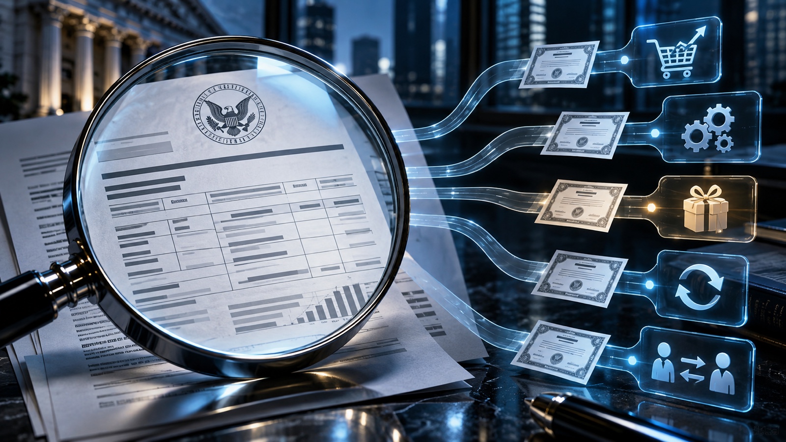 Abstract editorial artwork evoking an SEC insider filing being traced back to its underlying transaction.