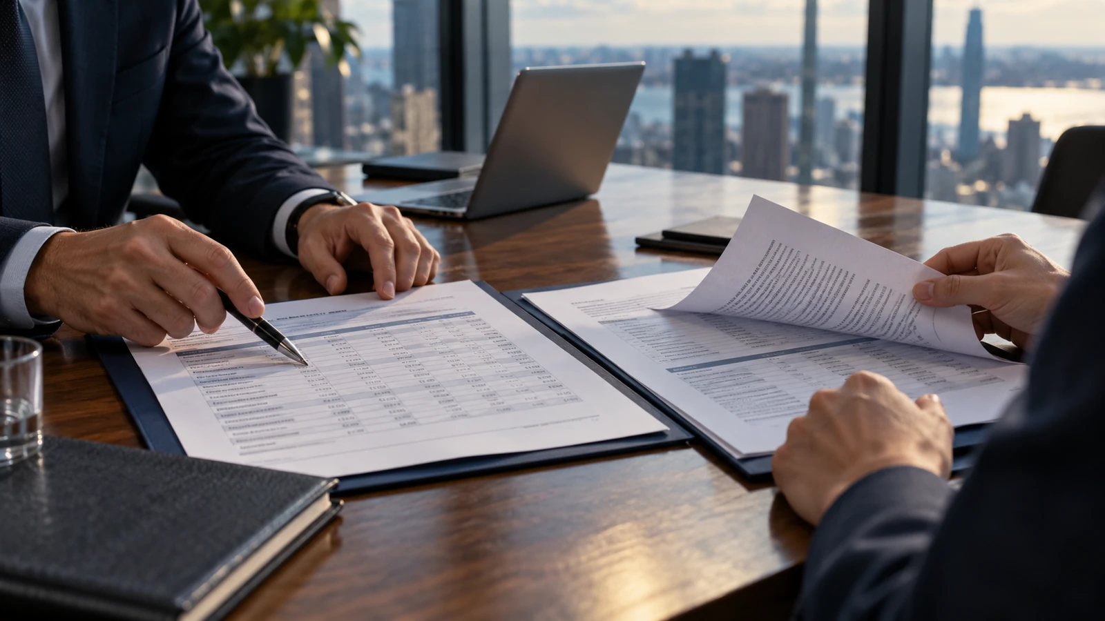 Analysts comparing ownership-disclosure documents at a conference table