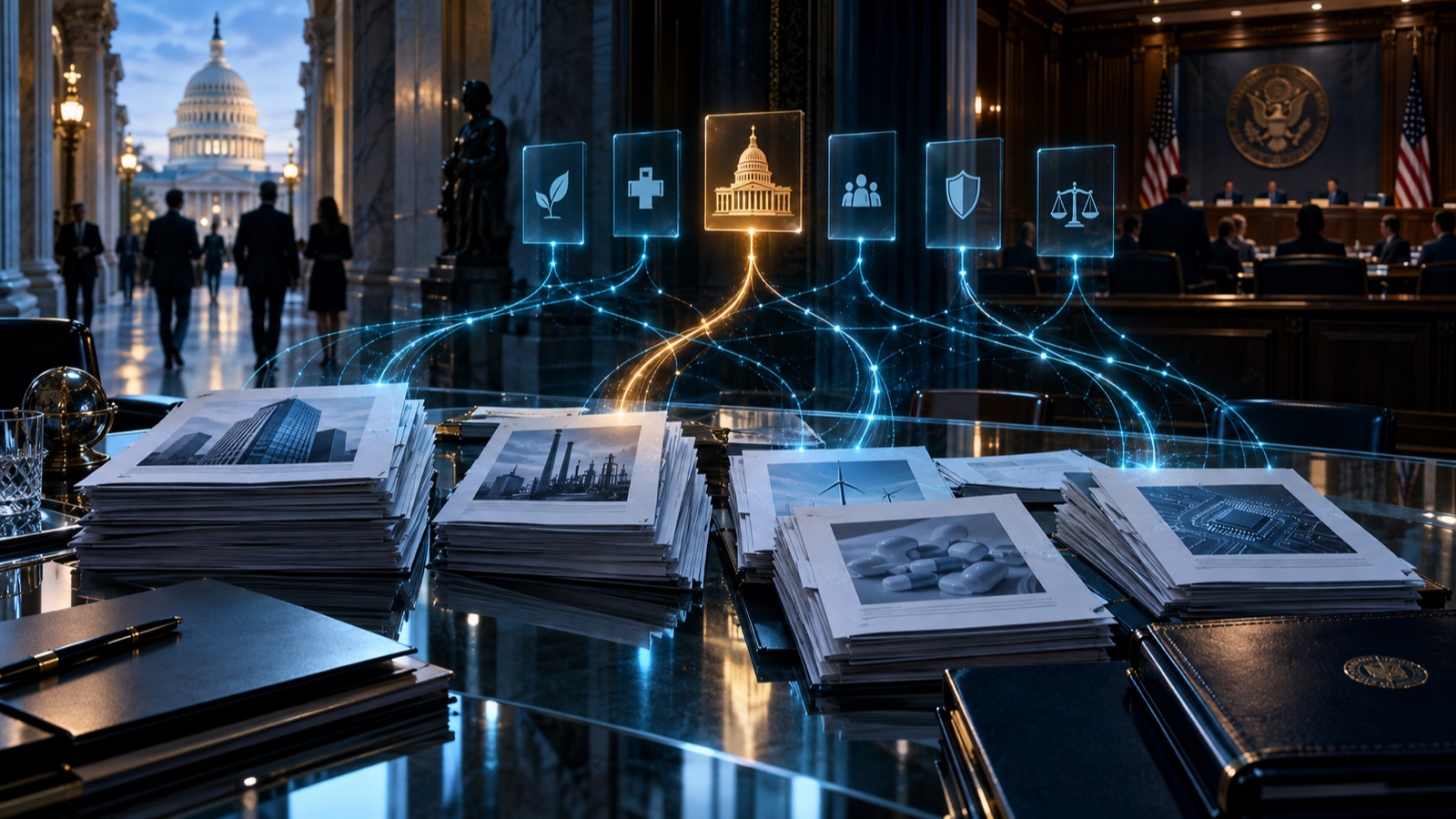 Abstract editorial artwork evoking a lobbying disclosure filing and a policy issue trail.