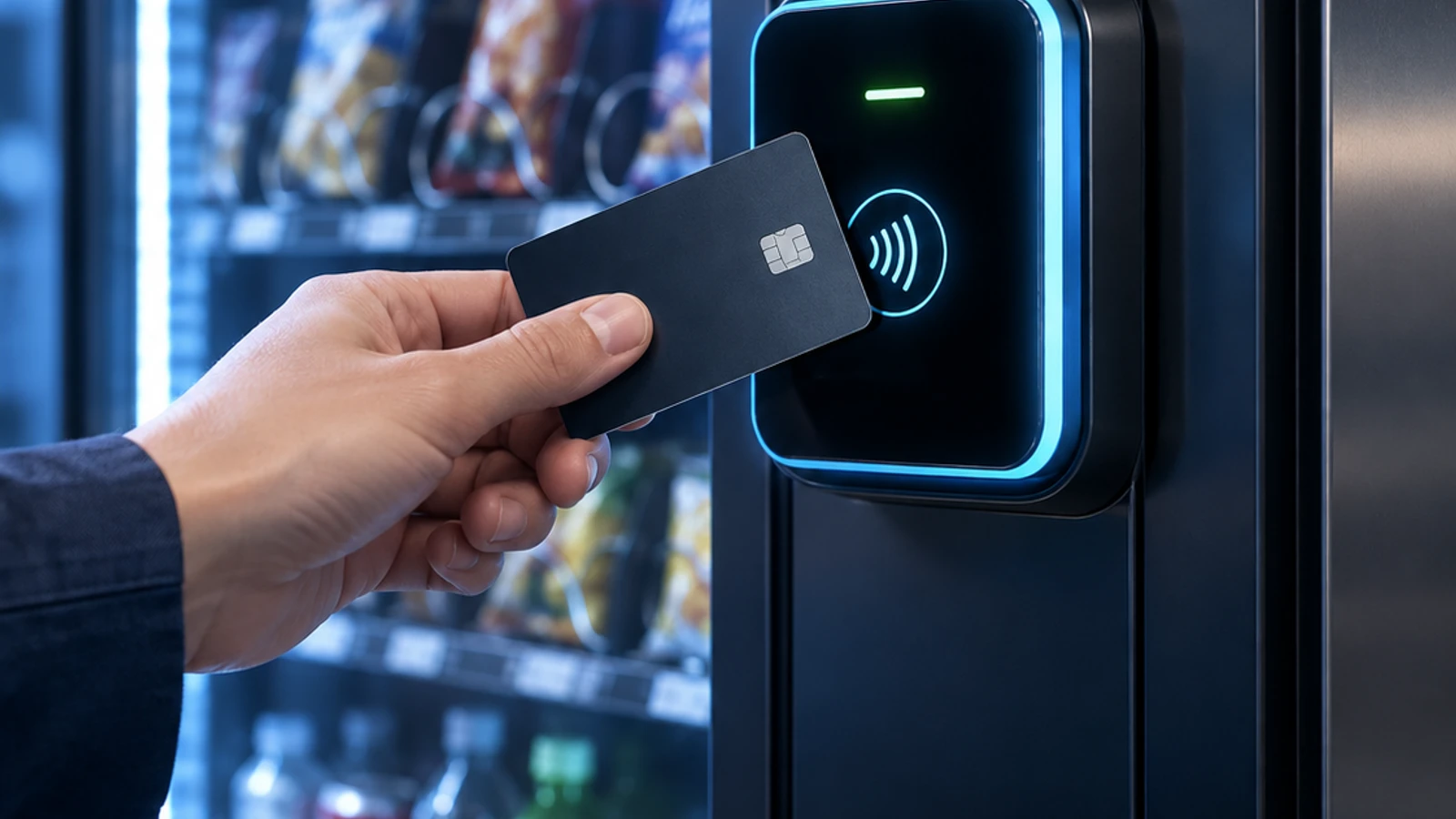 Illustrative contactless payment at a vending machine, without words or a fabricated executive portrait.