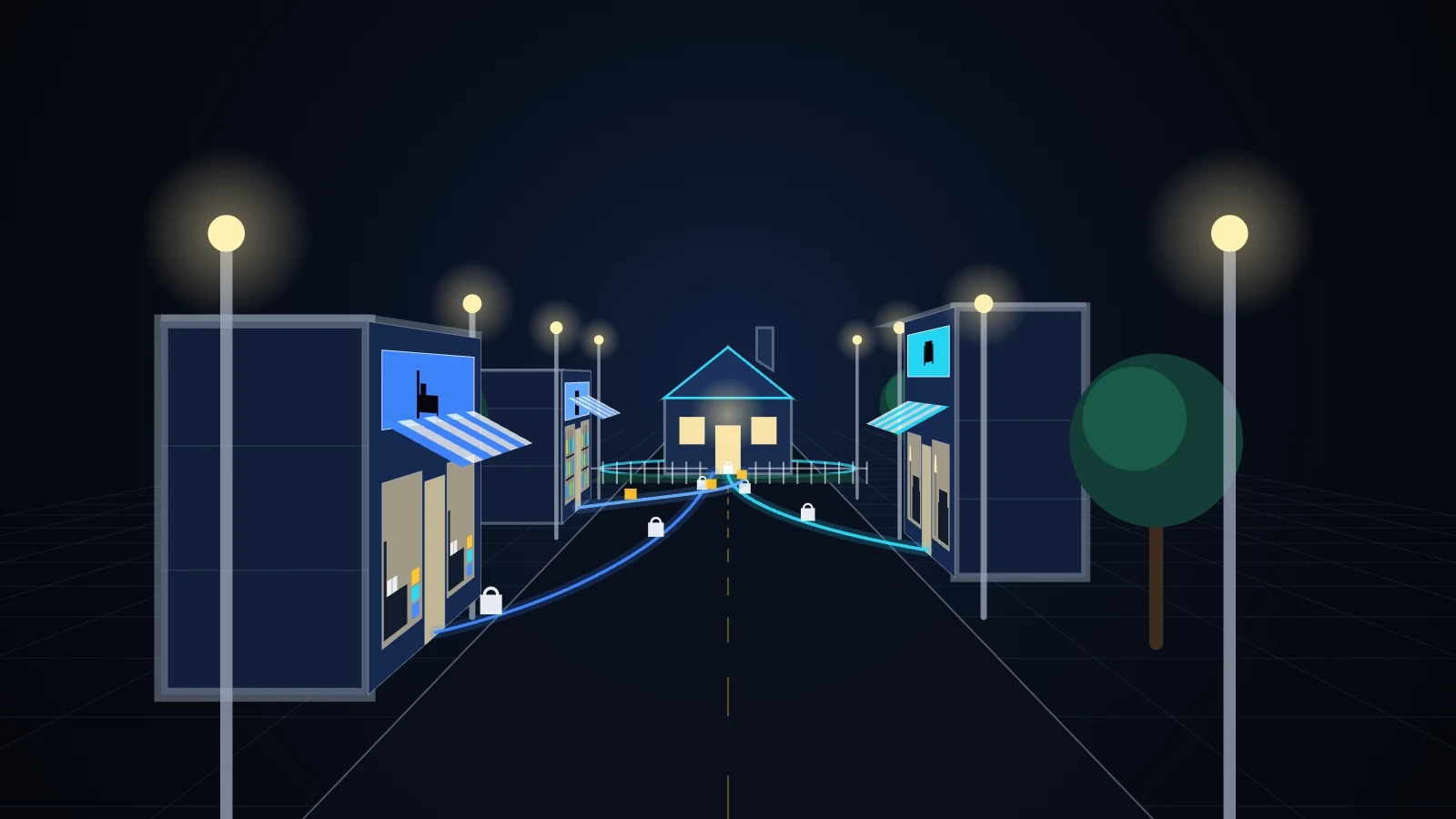 Generated editorial illustration of home-related storefronts connected along a neighborhood street; not an actual Neighborhood Intelligence property.