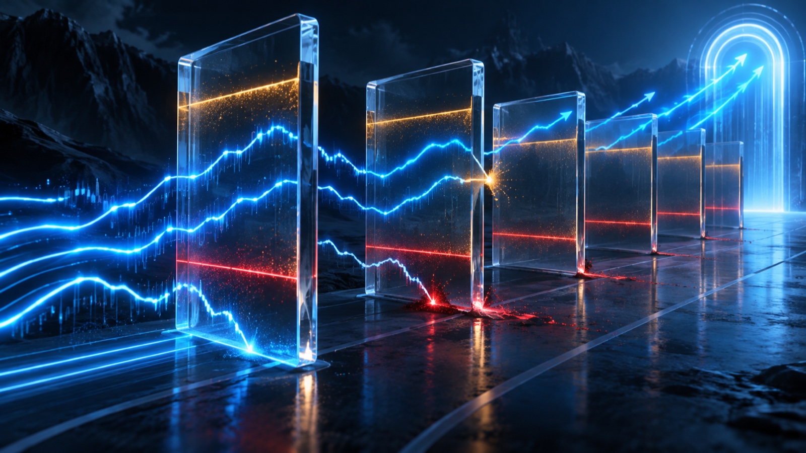 Abstract editorial artwork evoking a trading account balance tracked against a challenge drawdown line.