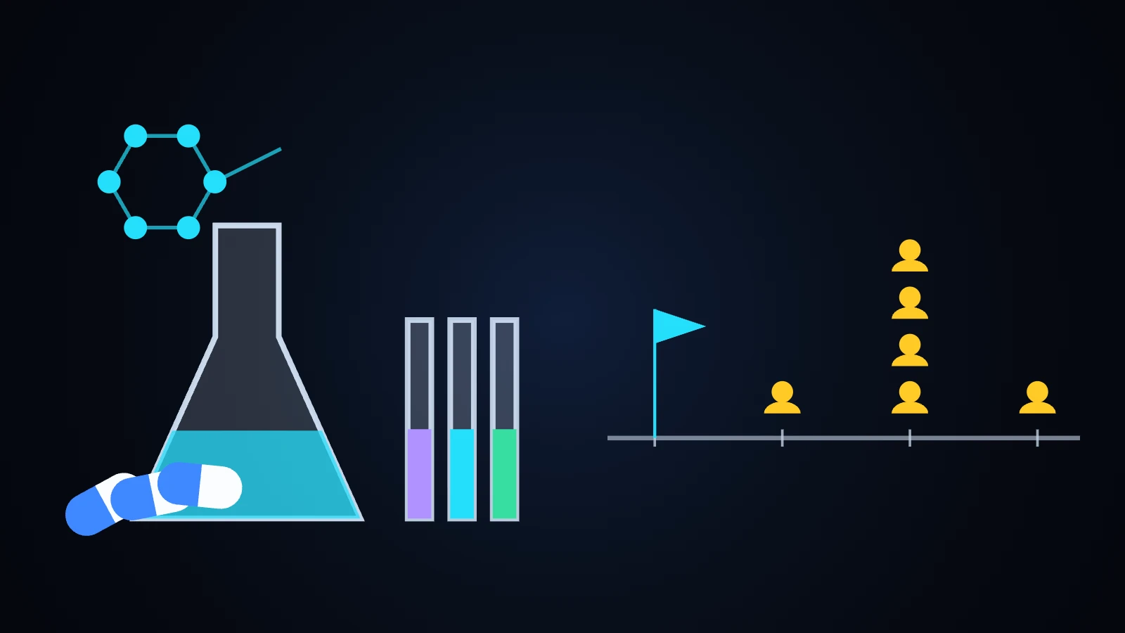 Generated editorial illustration of laboratory research and a sequence of buyers after a milestone; not a Rapport facility, treatment or clinical result.