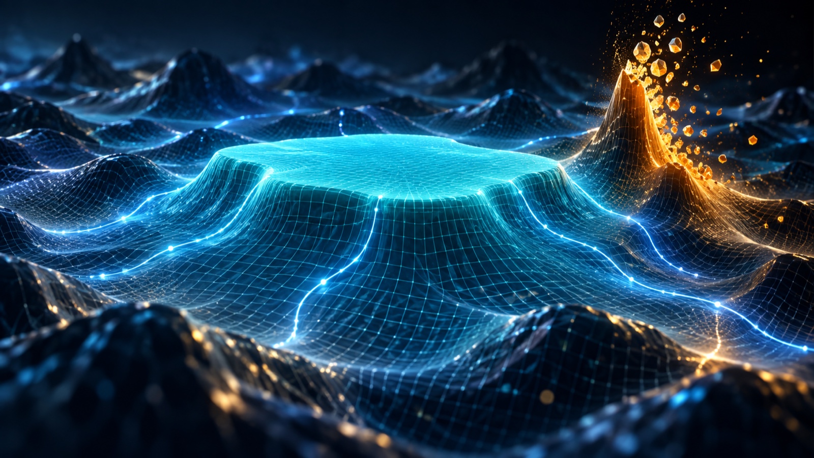 Abstract editorial artwork evoking a parameter grid with one stable plateau among many fragile peaks.