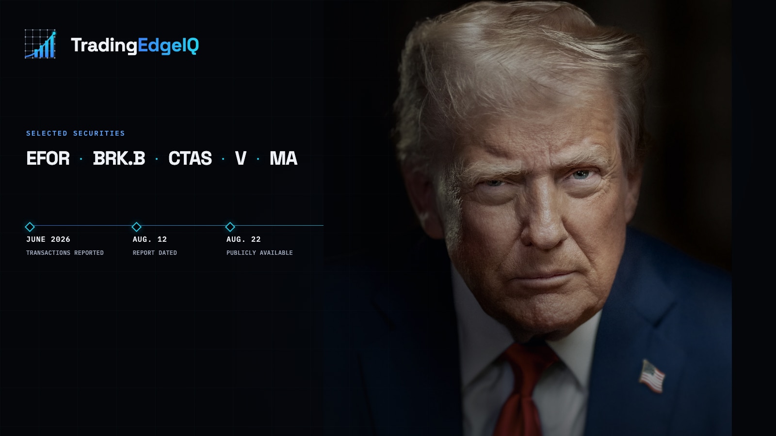 Donald Trump beside a balanced evidence dashboard showing representative tickers and a transaction-to-disclosure timeline.