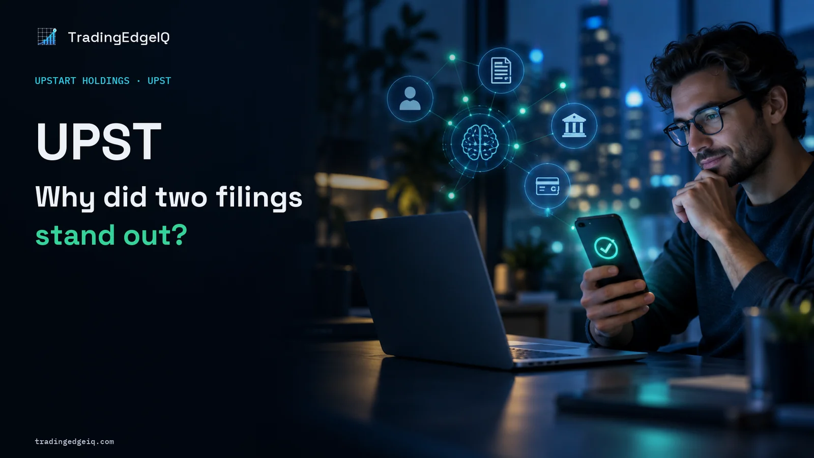 Illustrative fintech lending scene with a person using a phone and digital financial tools; the person is not an Upstart executive.