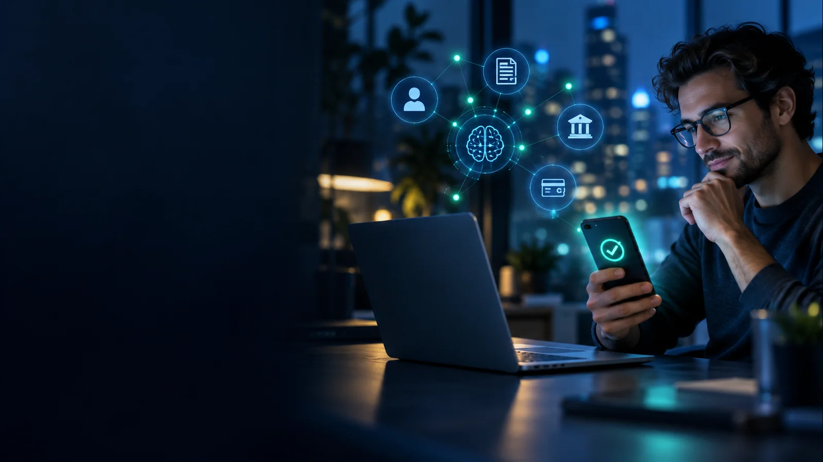 Illustrative fintech lending scene with a person using a phone and digital financial tools; the person is not an Upstart executive.