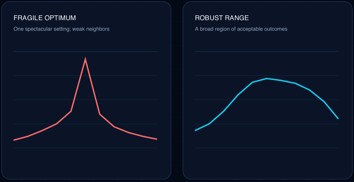 Two charts side by side: a single sharp red spike labeled Fragile Optimum, and a broad flat cyan curve labeled Robust Range.