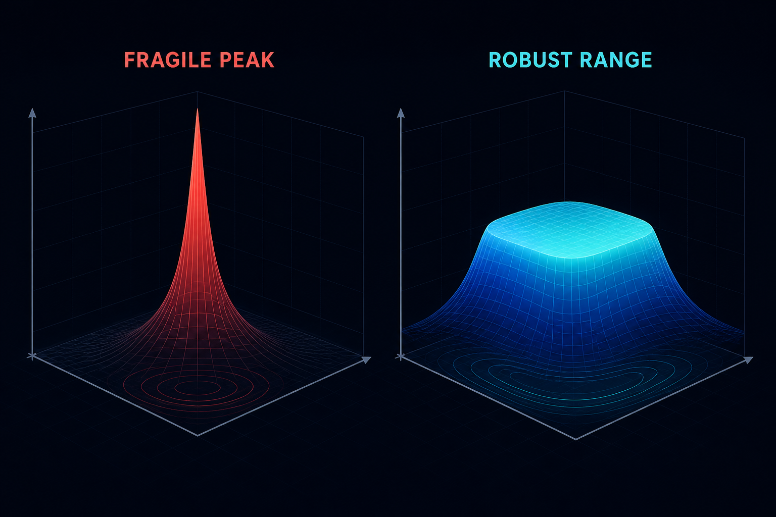 A fragile parameter peak compared with a broad, robust range