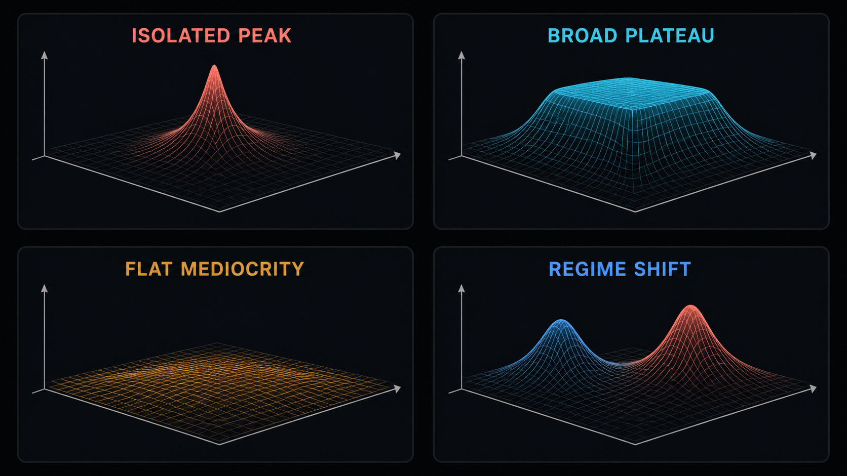 Four diagnostic parameter-surface patterns